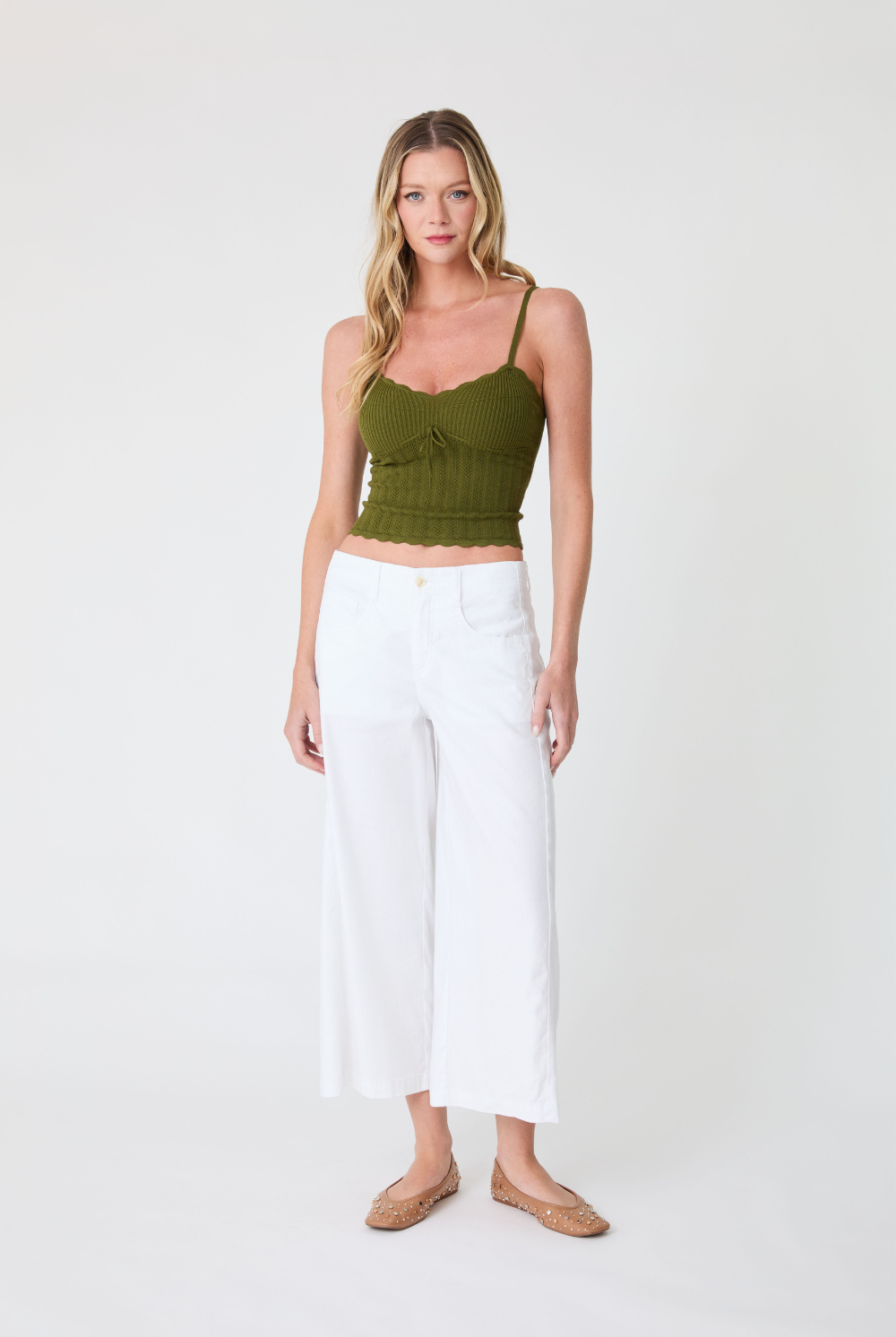 Level99 white Aurora wide leg crop linen trousers