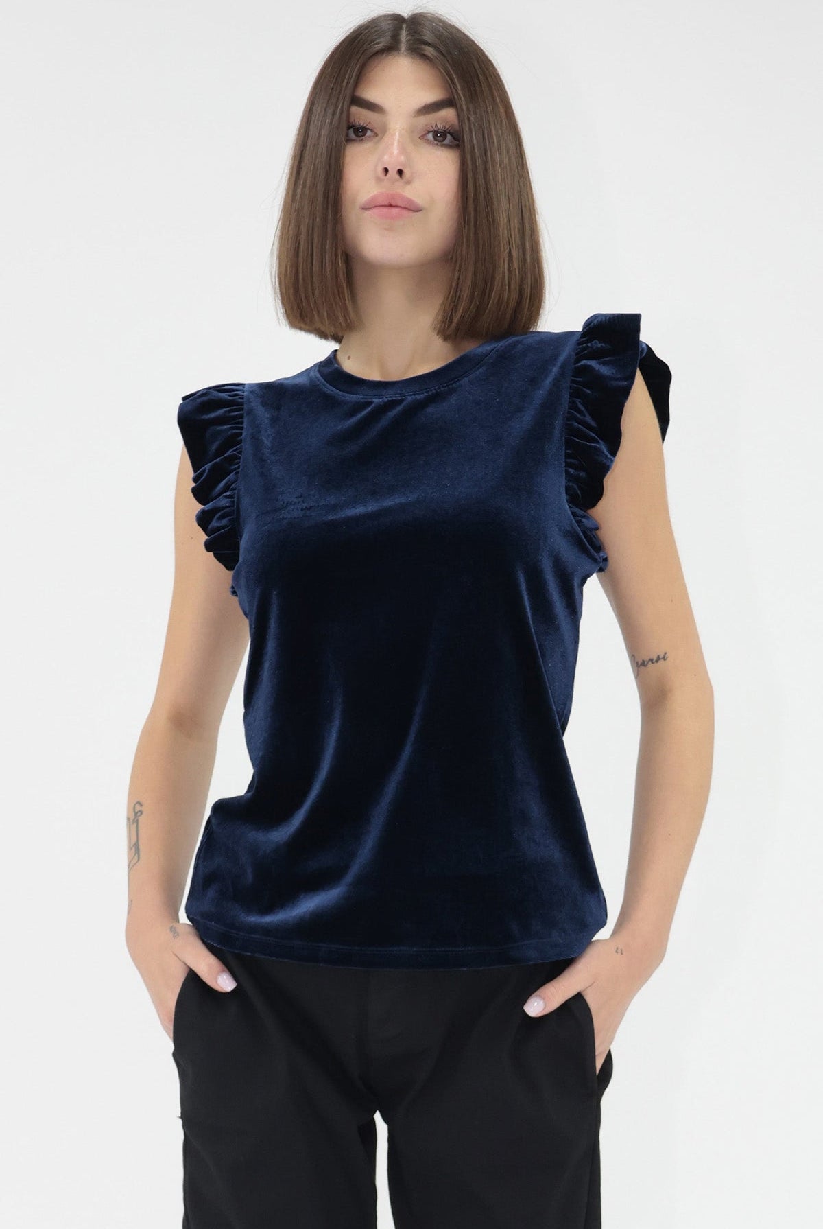 Another Love blue velvet top with ruffle cap sleeves