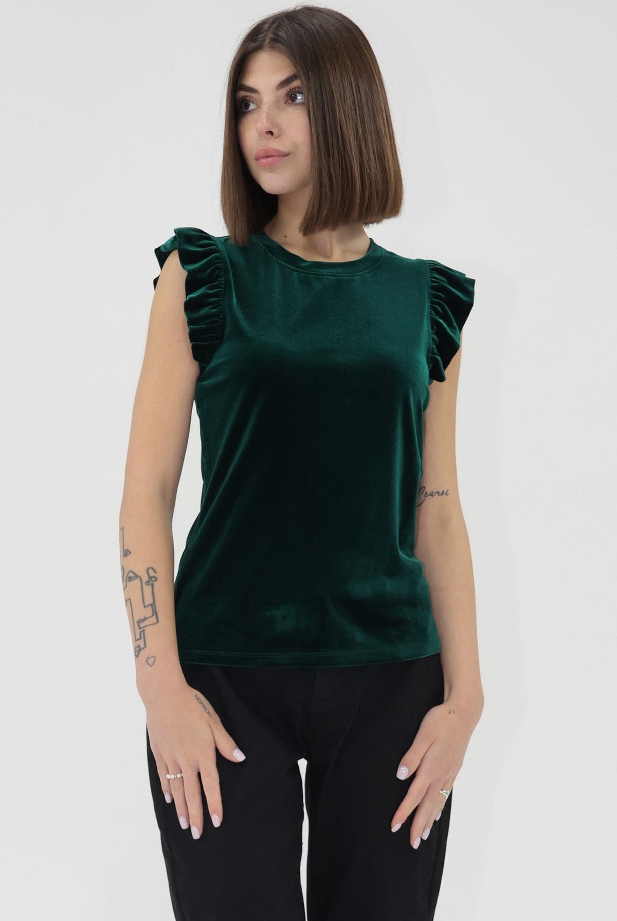Another Love dark green velvet ruffle trimmed top