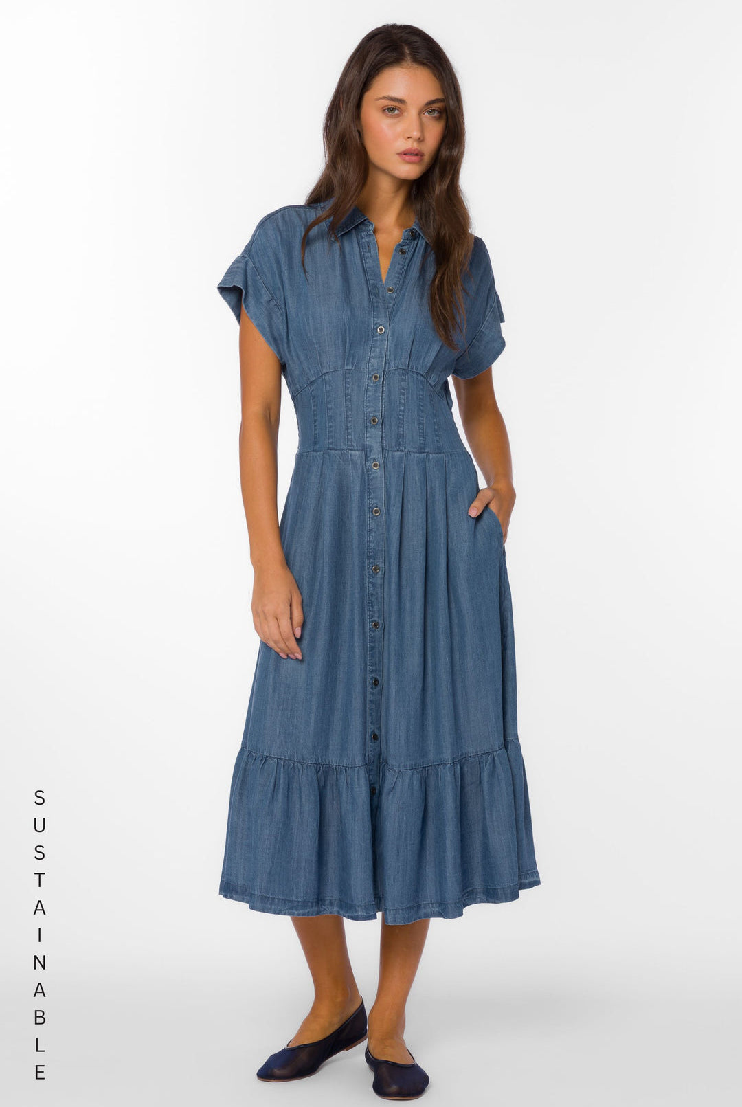Velvet Heart Button Up Denim Midi Dress