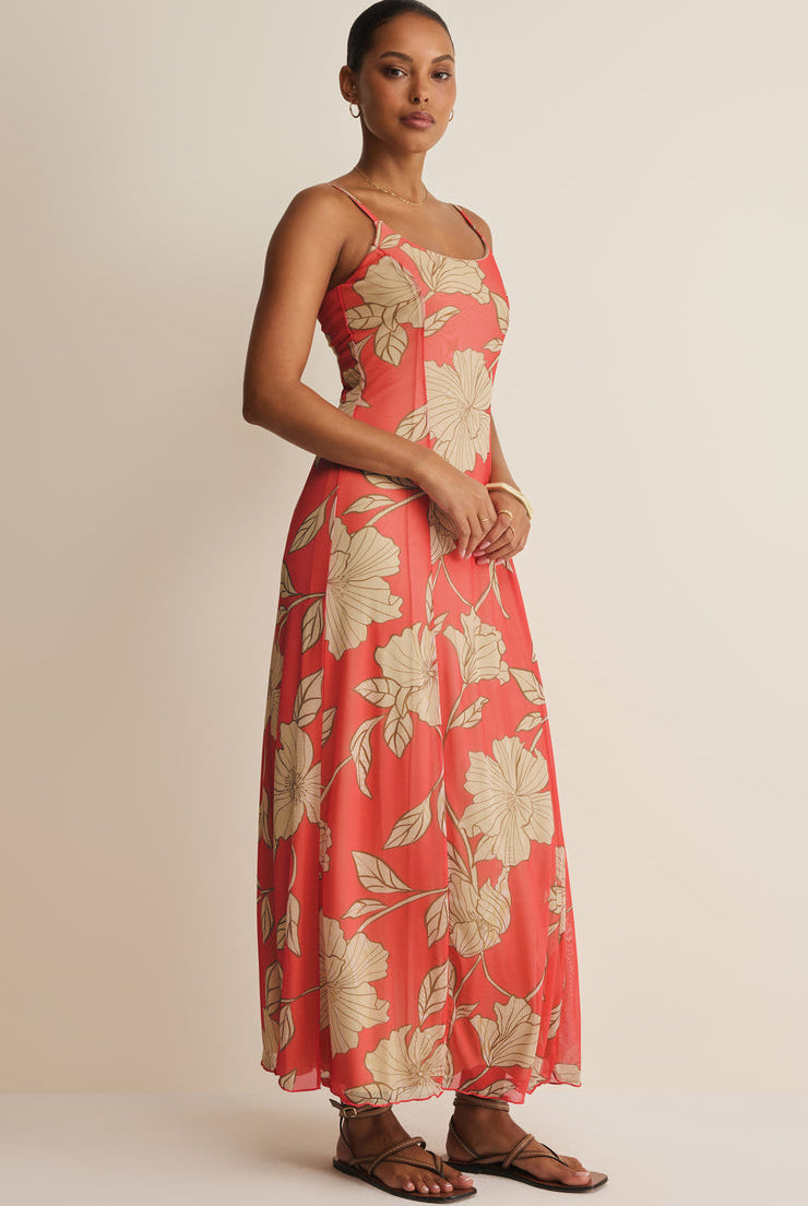 Z SUPPLY Charisma Bloom Midi Dress in Gelato Pink with Beige Flowers