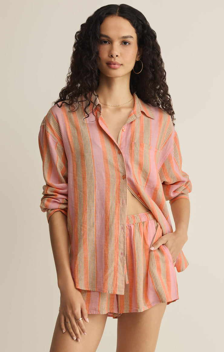 Z SUPPLY orange and pink striped long sleeve button up shirt