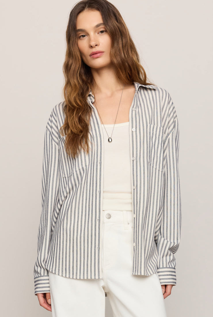 Z SUPPLY white and navy striped button up long sleeve top