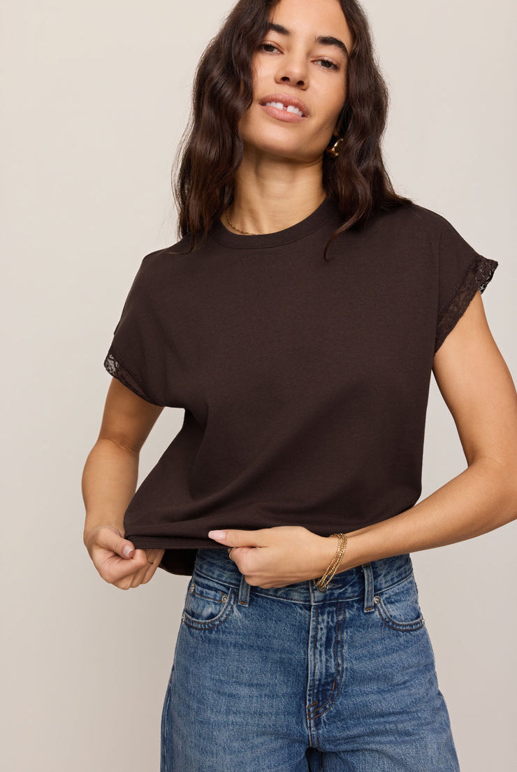 Z SUPPLY Marika Lace Trim Muscle Tee - Dark Chocolate