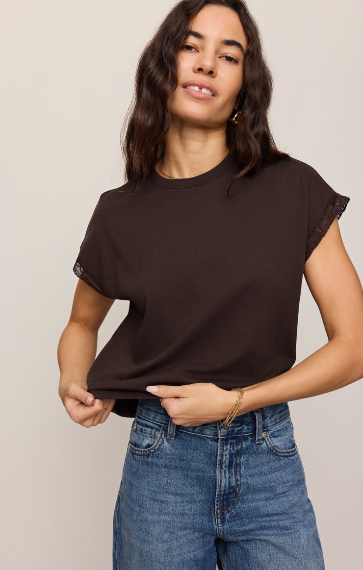 Z SUPPLY Marika Lace Trim Muscle Tee - Dark Chocolate