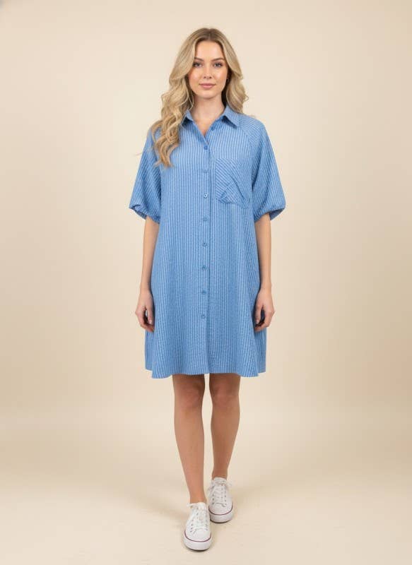 puff sleeve blue striped collared button up dress