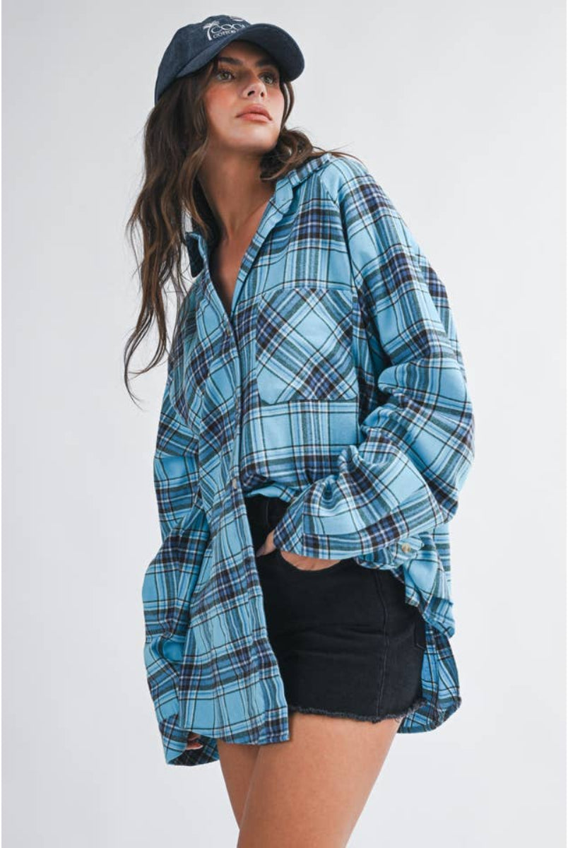 Oversized Plaid Button Down Shirt - Sky