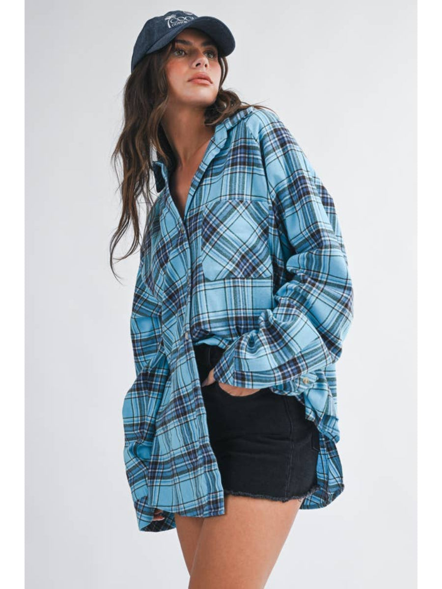 Oversized Plaid Button Down Shirt - Sky