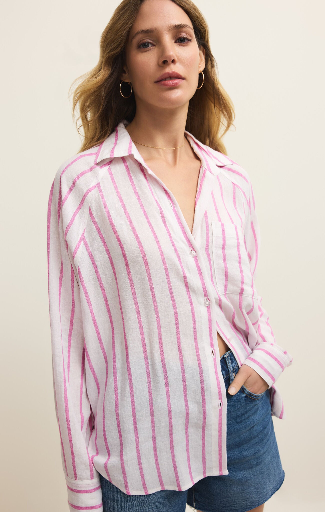 Z Supply striped pink and white long sleeve linen button down shirt