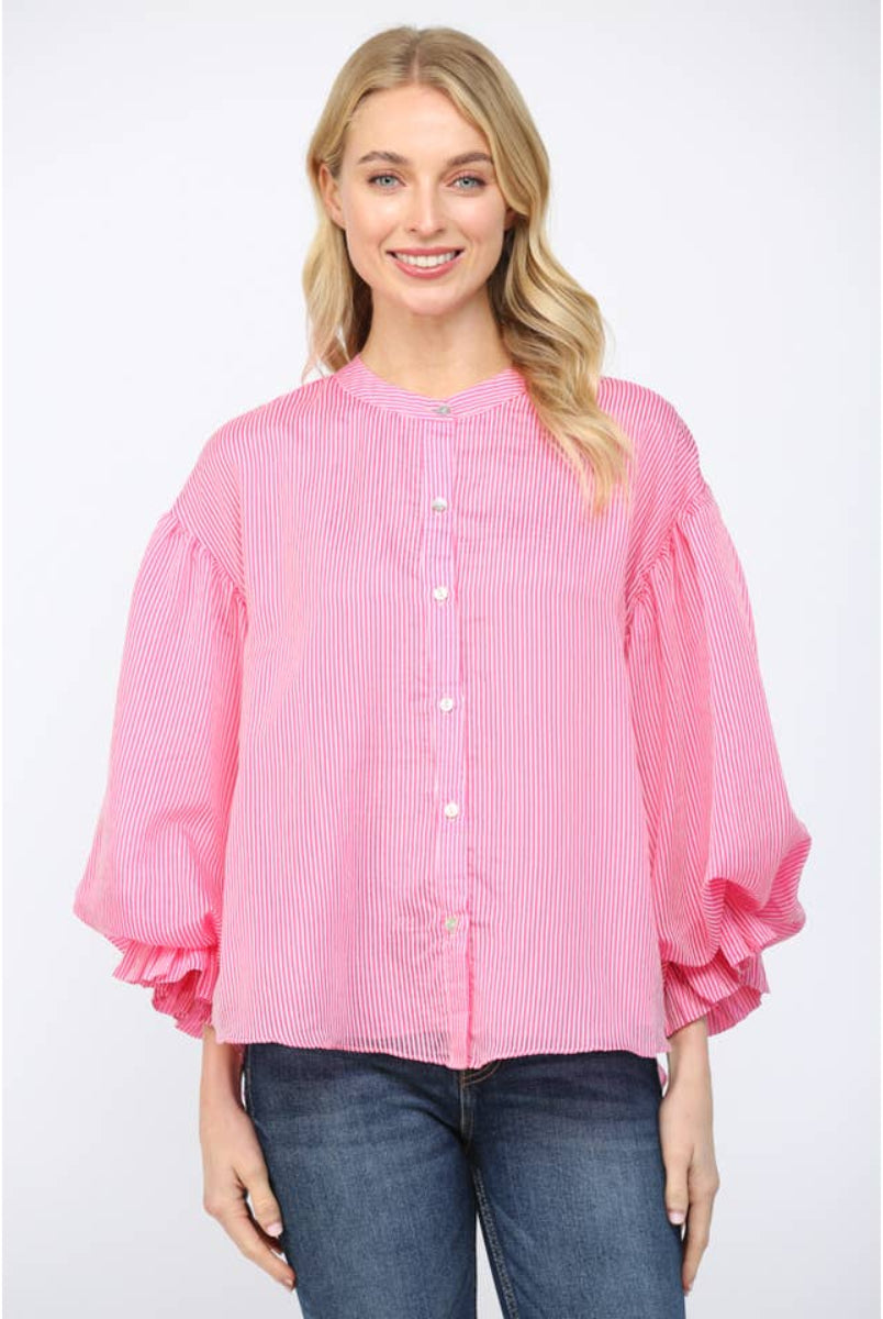 FATE by LFD Pinstripe Voluminous Bubble Sleeve Blouse in Pink