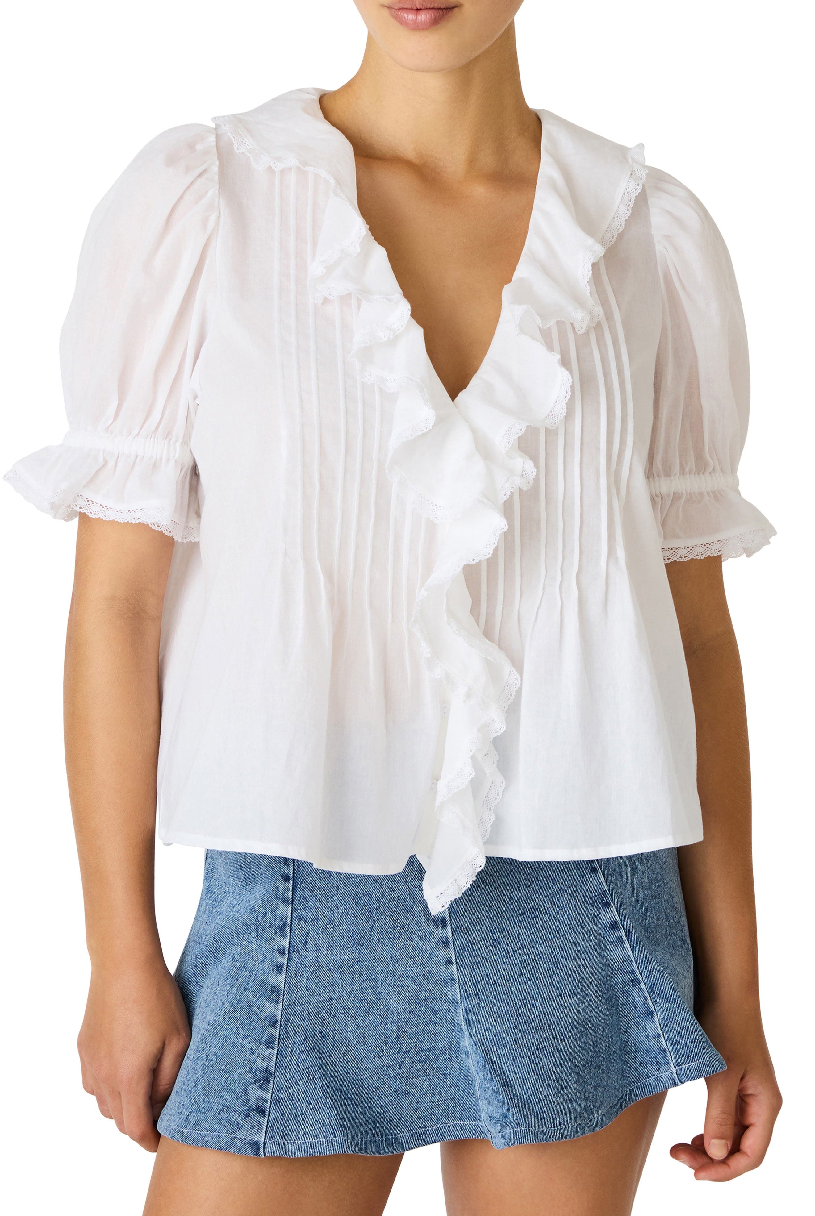 Steve Madden White V-Neck Blouse with Ruffles