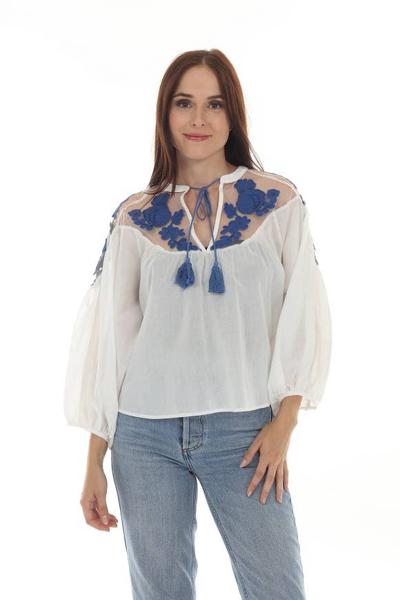 Rain + Rose Penelope Flow Top in White with Blue Flowers and Tie at Neck.