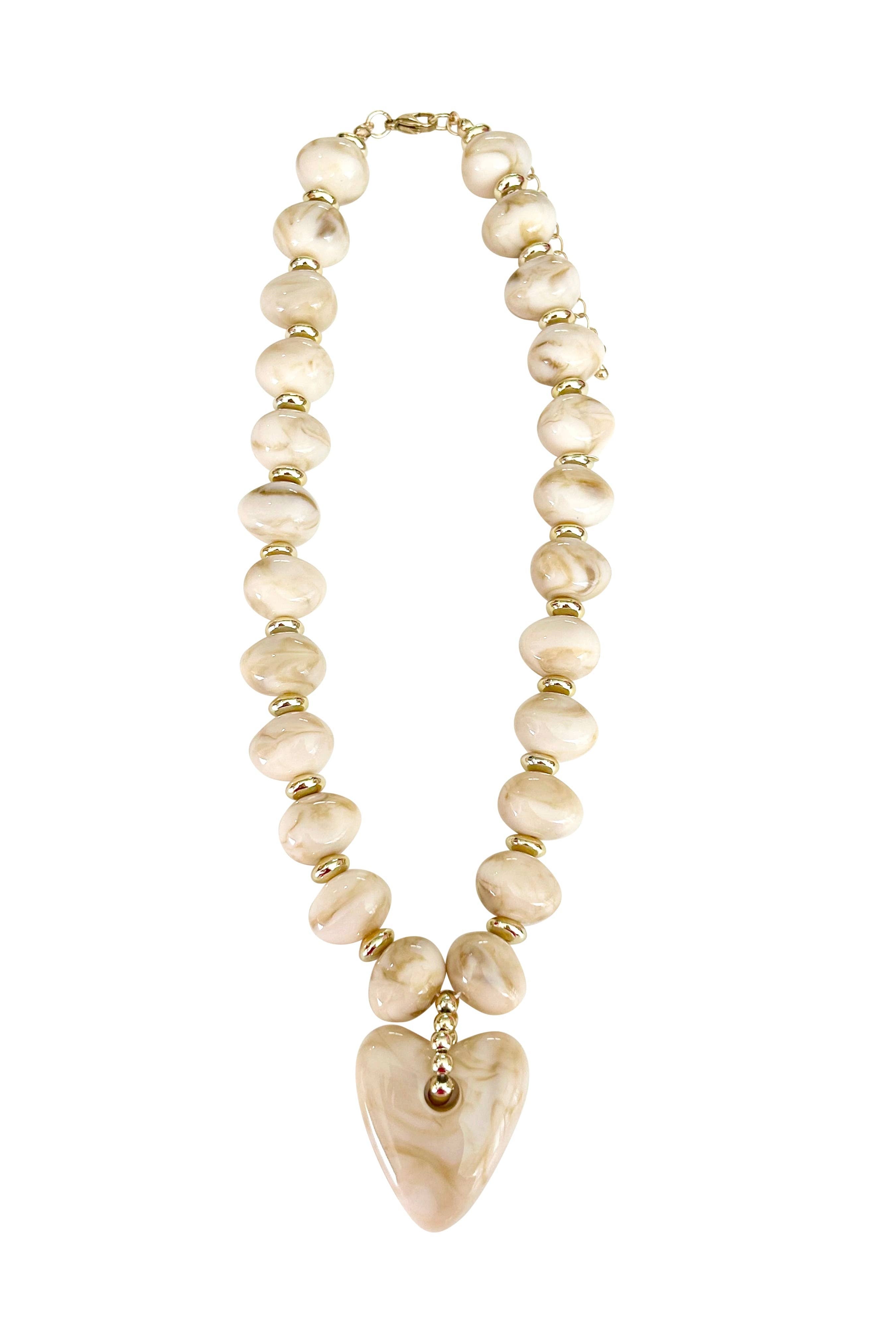 Athens Cream Beaded Necklace with Heart Charm
