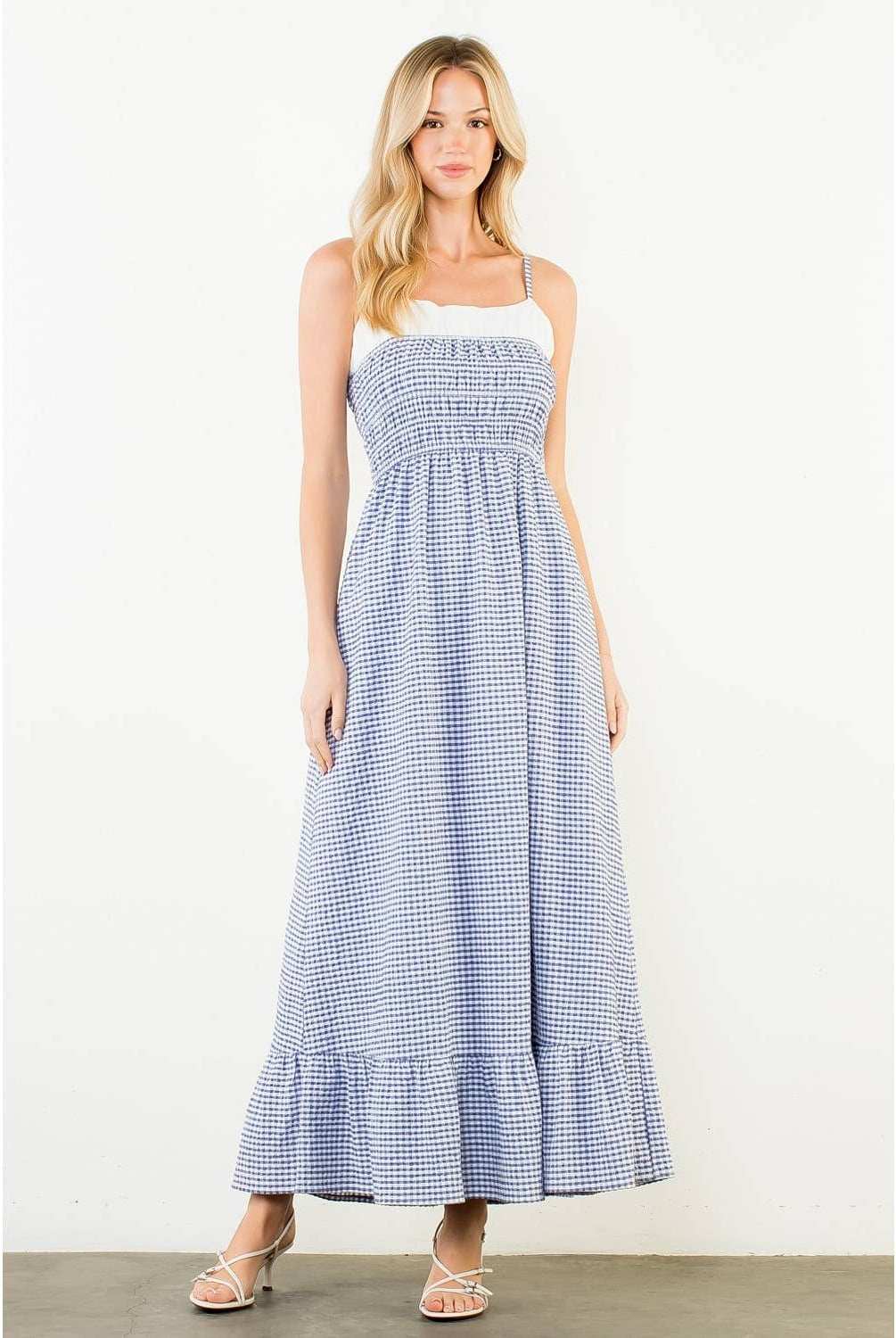 smocked blue and white gingham maxi dress