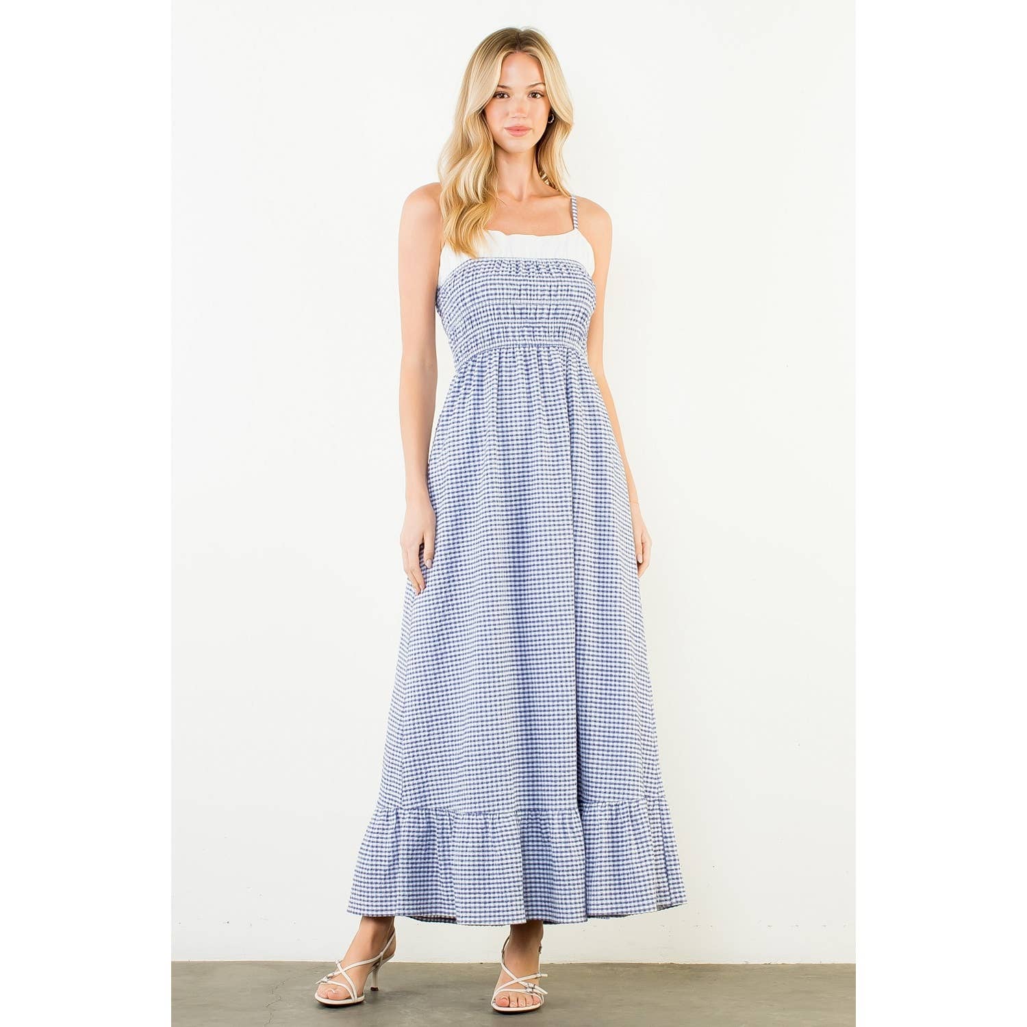 smocked blue and white gingham maxi dress