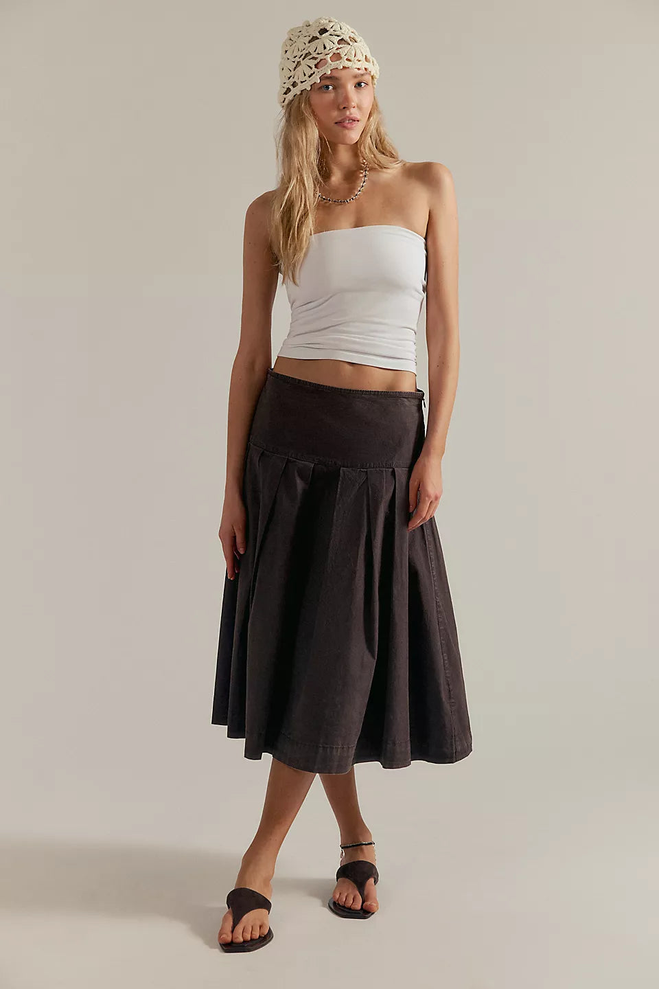 Free People Skipper Pleated Chino Mid Skirt in Double Espresso