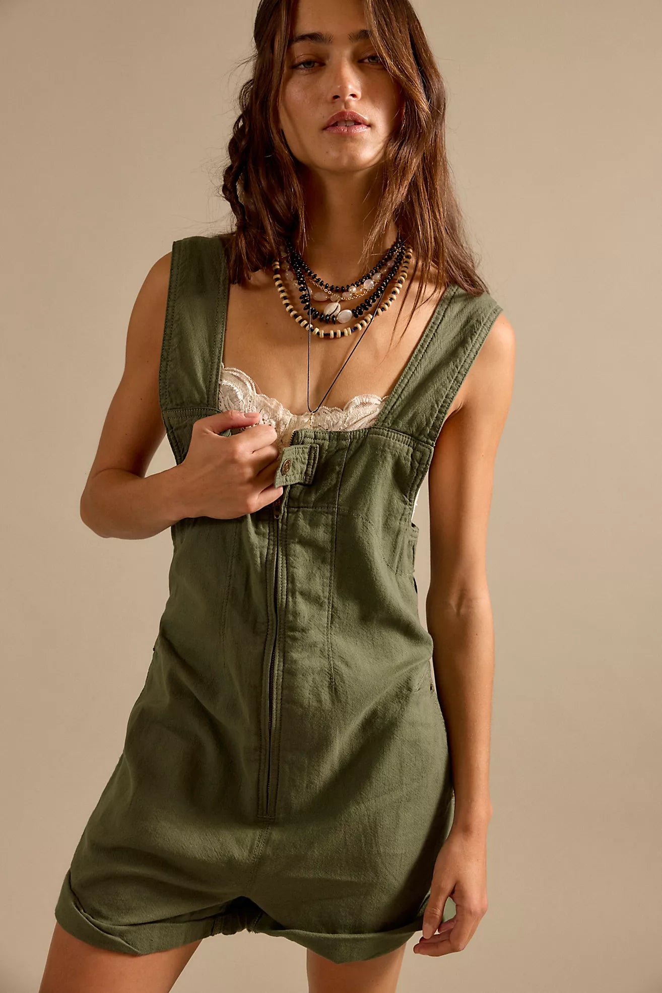 Free People women's shorts romper overall in olive green color
