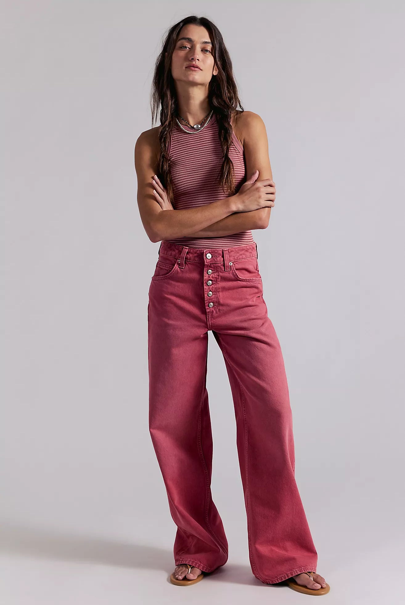 Free People Nia red pink boyfriend jeans with exposed button fly, low rise