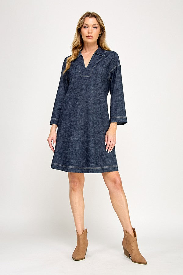 V-Neck, Long Sleeve, Short Denim Dress
