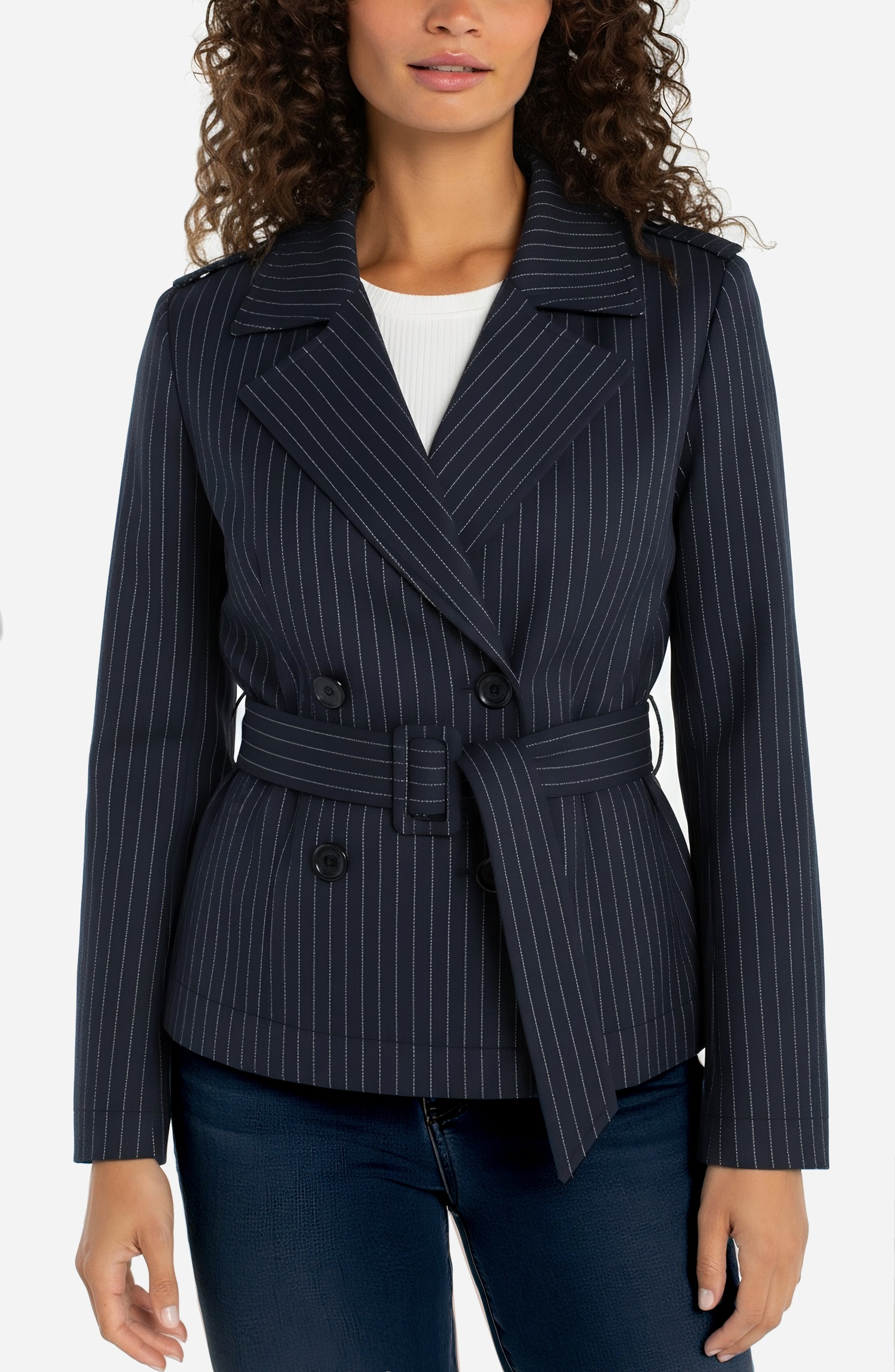 Navy pinstripe trench jacket