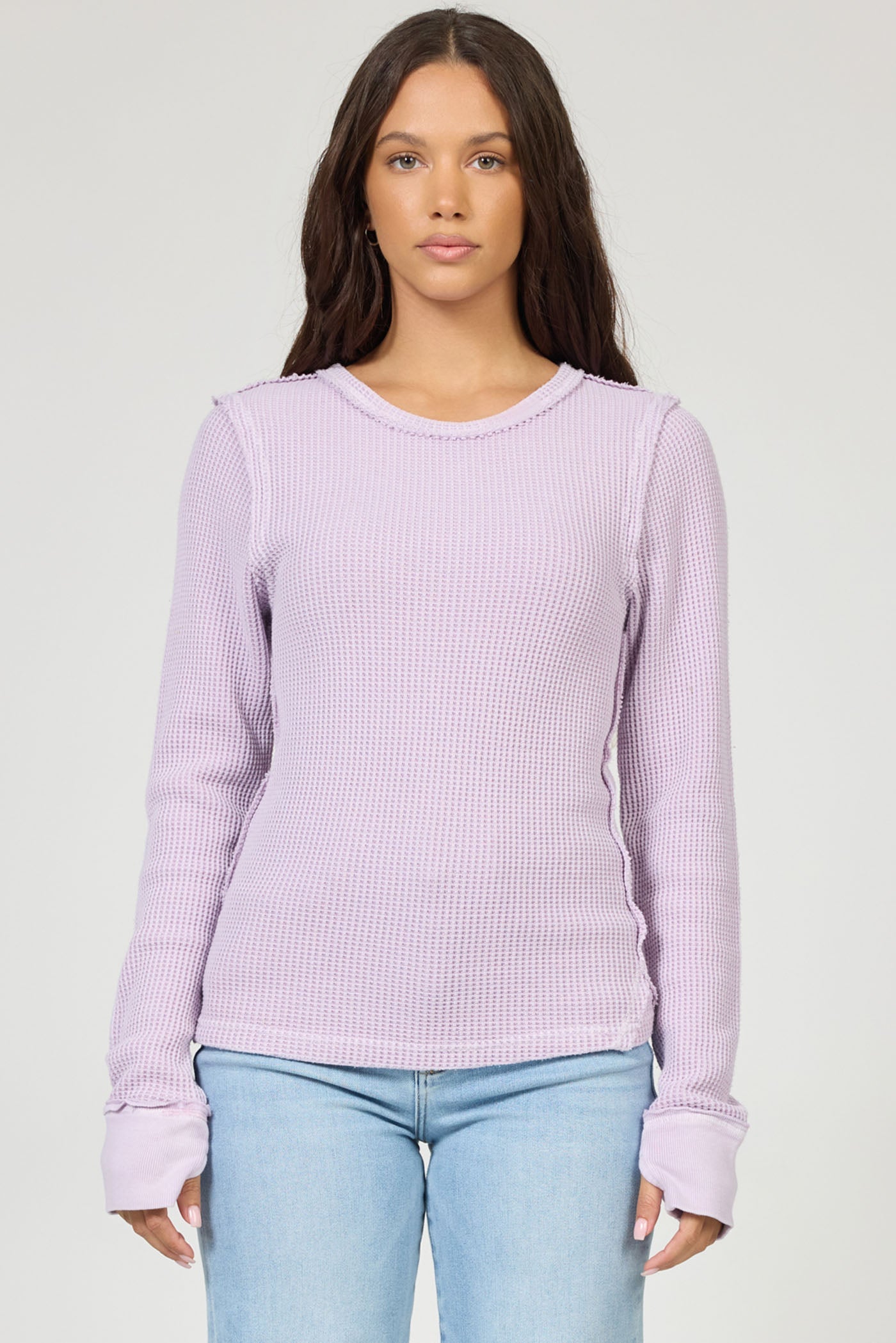light purple, long-sleeve waffle-knit thermal top