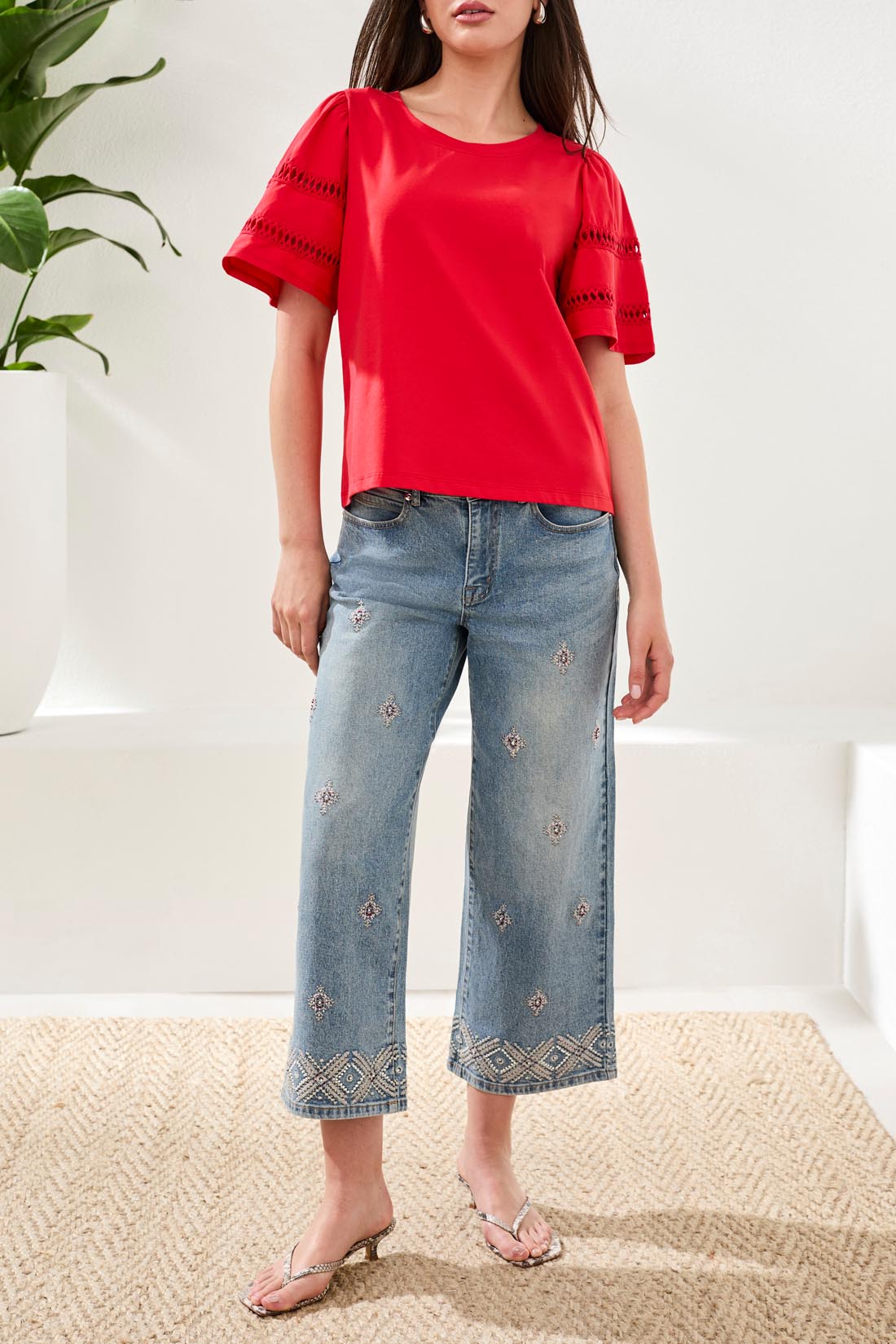 Red Short Sleeve blouse, with detail on sleeves