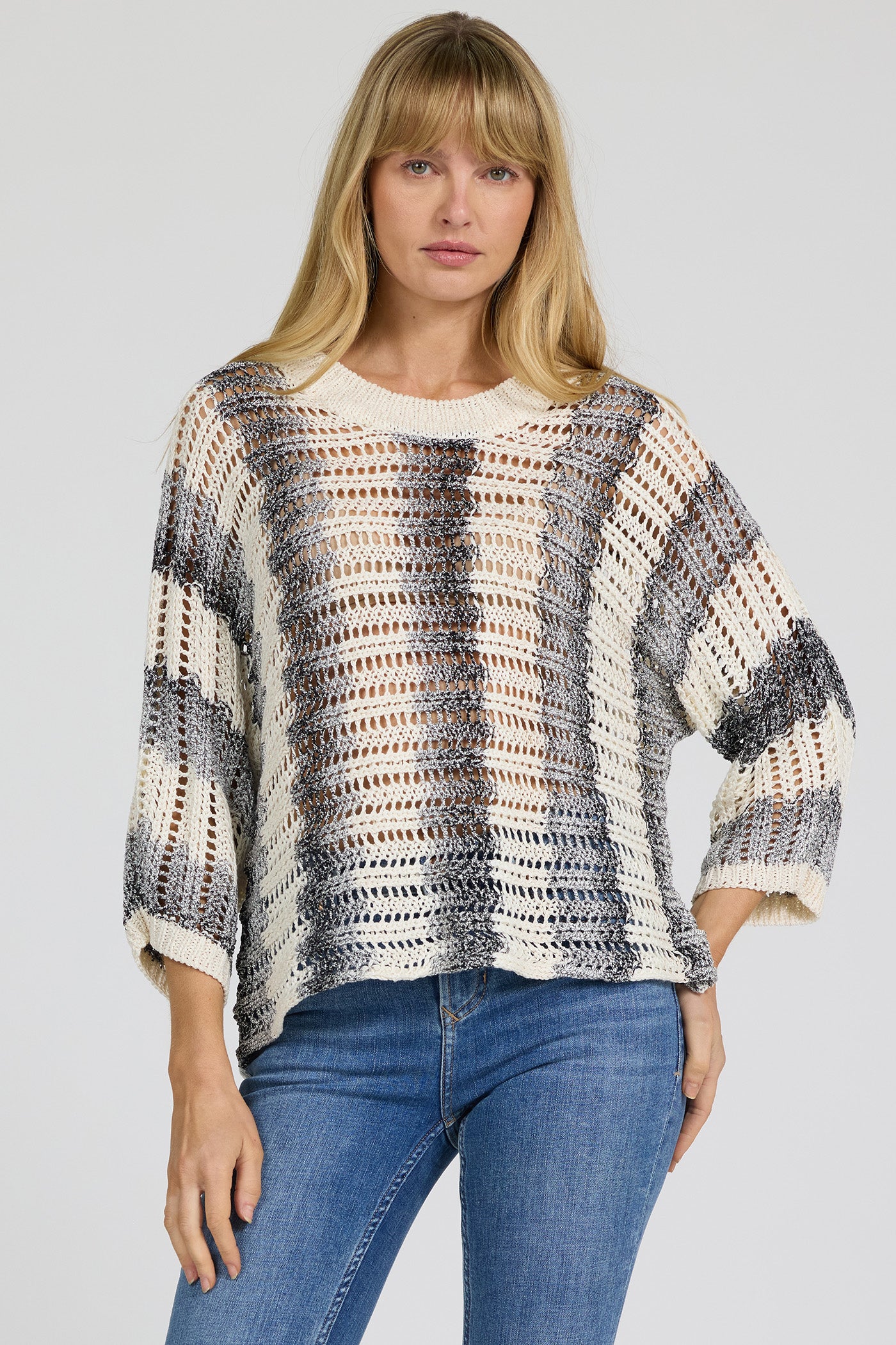 Cropped Sleeve, See-Through Striped Sweater