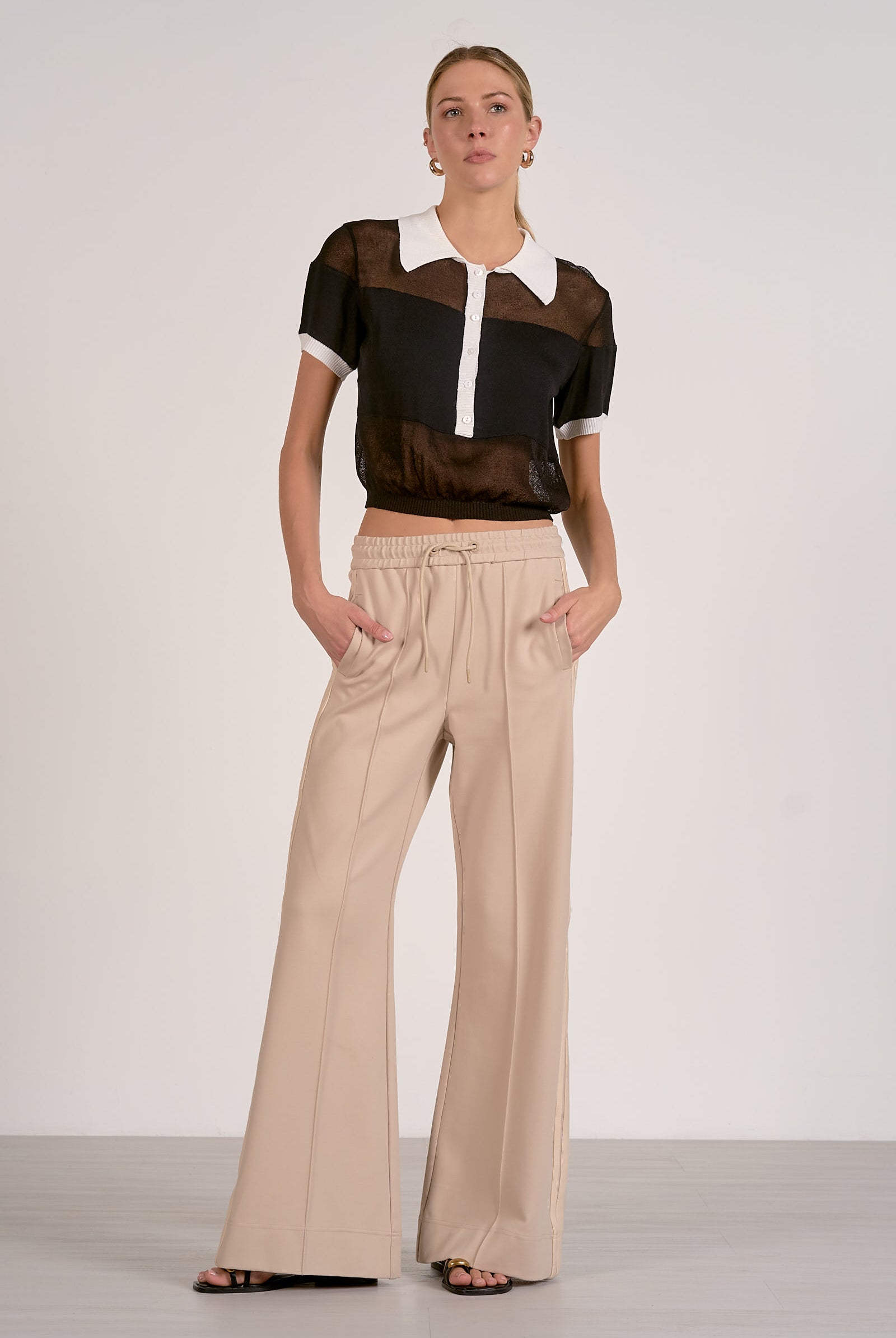 Beige Wide Leg Track Pants with Tie Waist