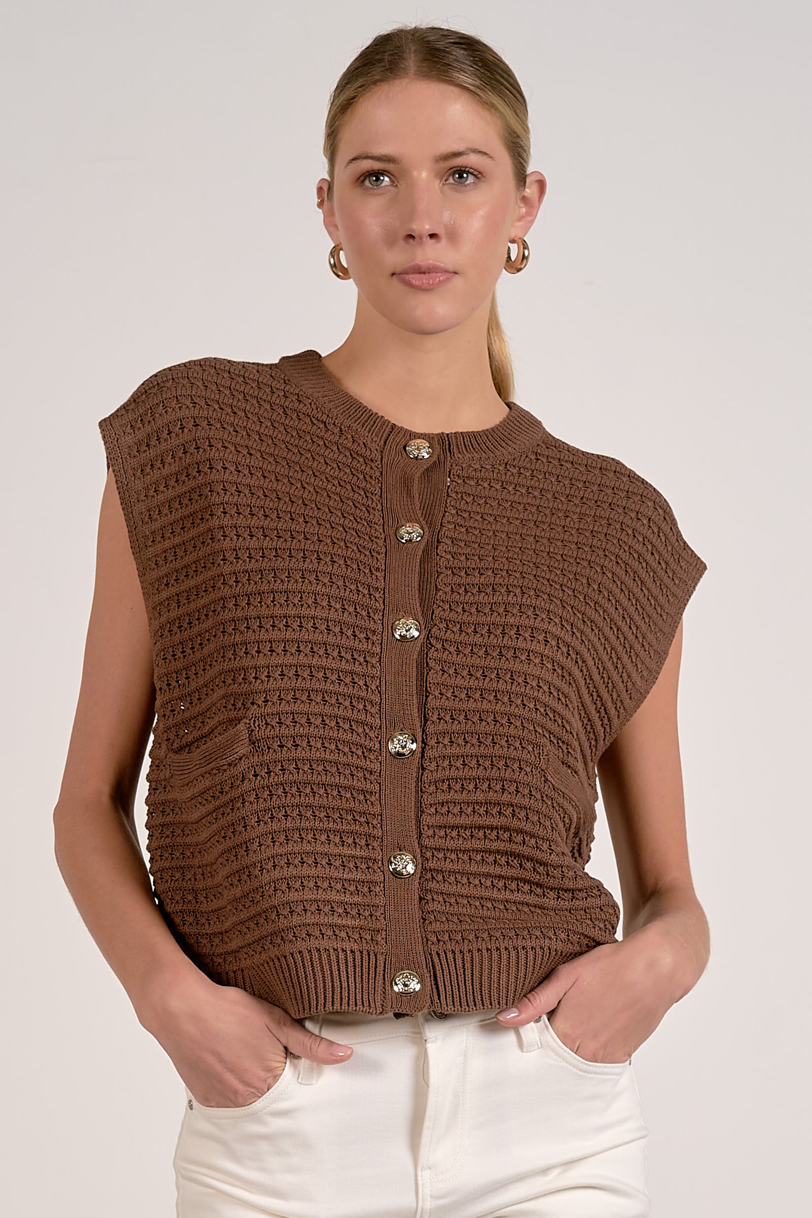 Brown, Sleeveless Cardigan Sweater