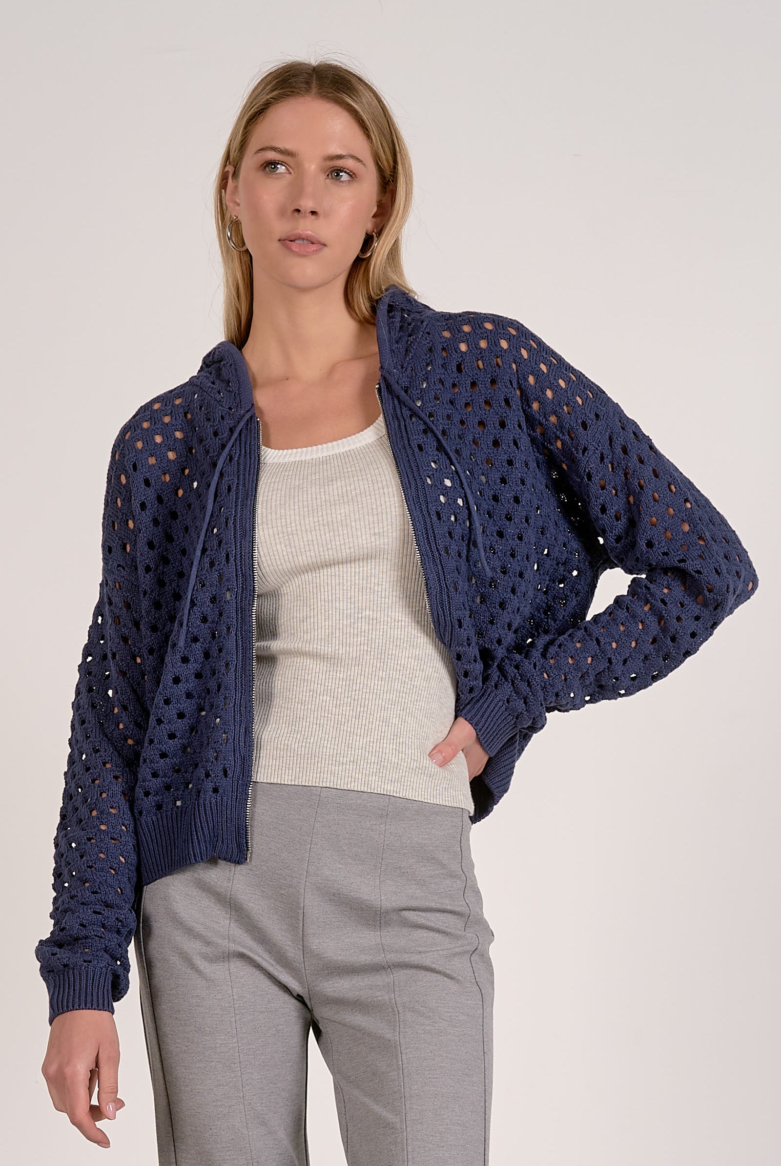 Navy, Hooded Open Weave Zip Cardigan Sweater.