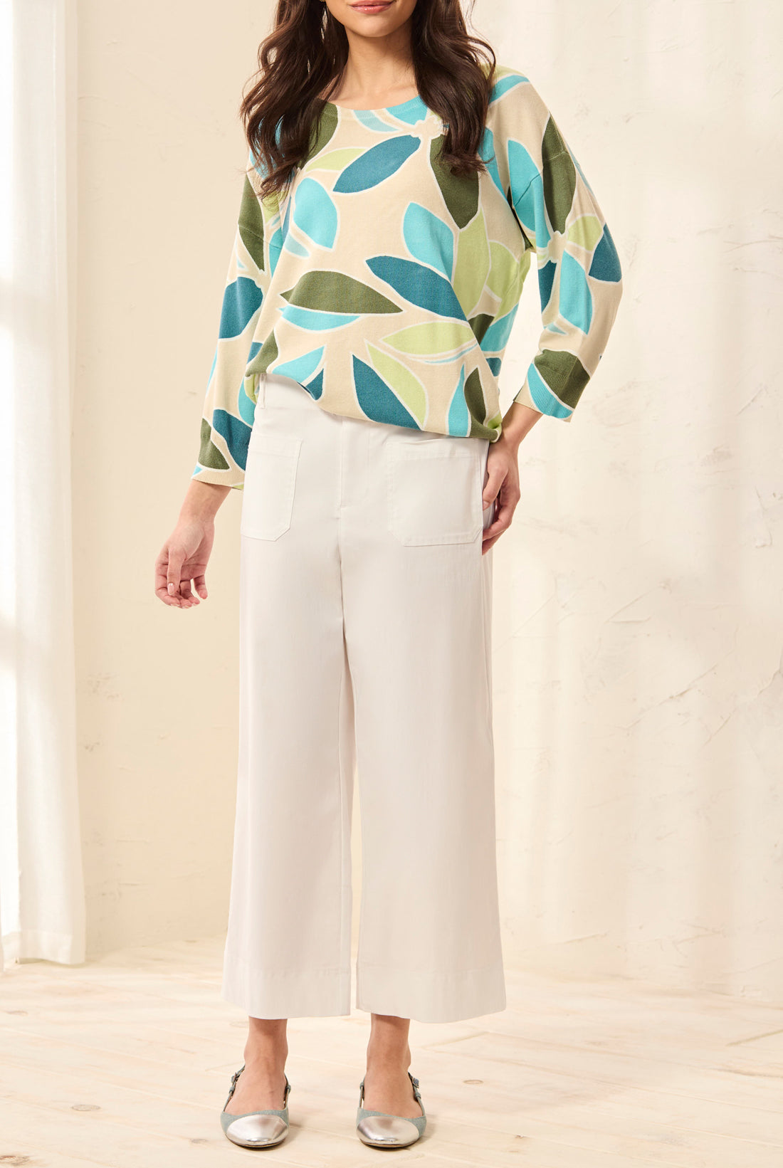 White Tribal High Rise Wide Leg Capri with Pockets