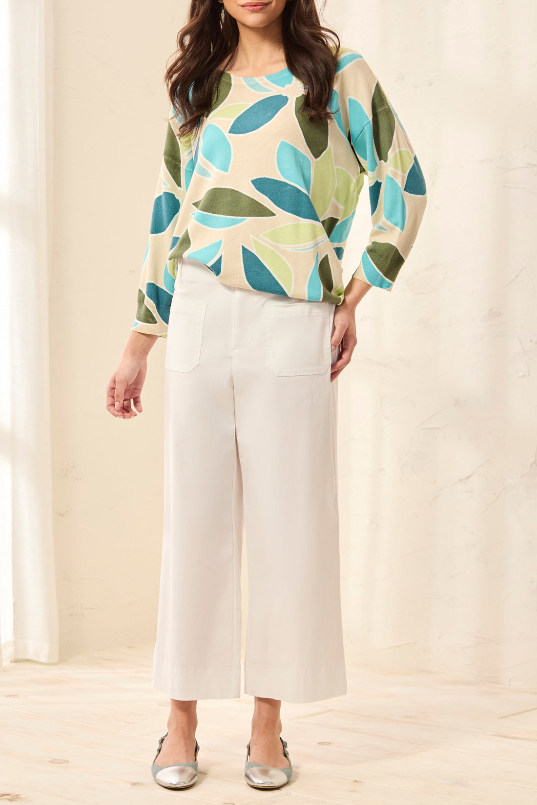 White Tribal High Rise Wide Leg Capri with Pockets