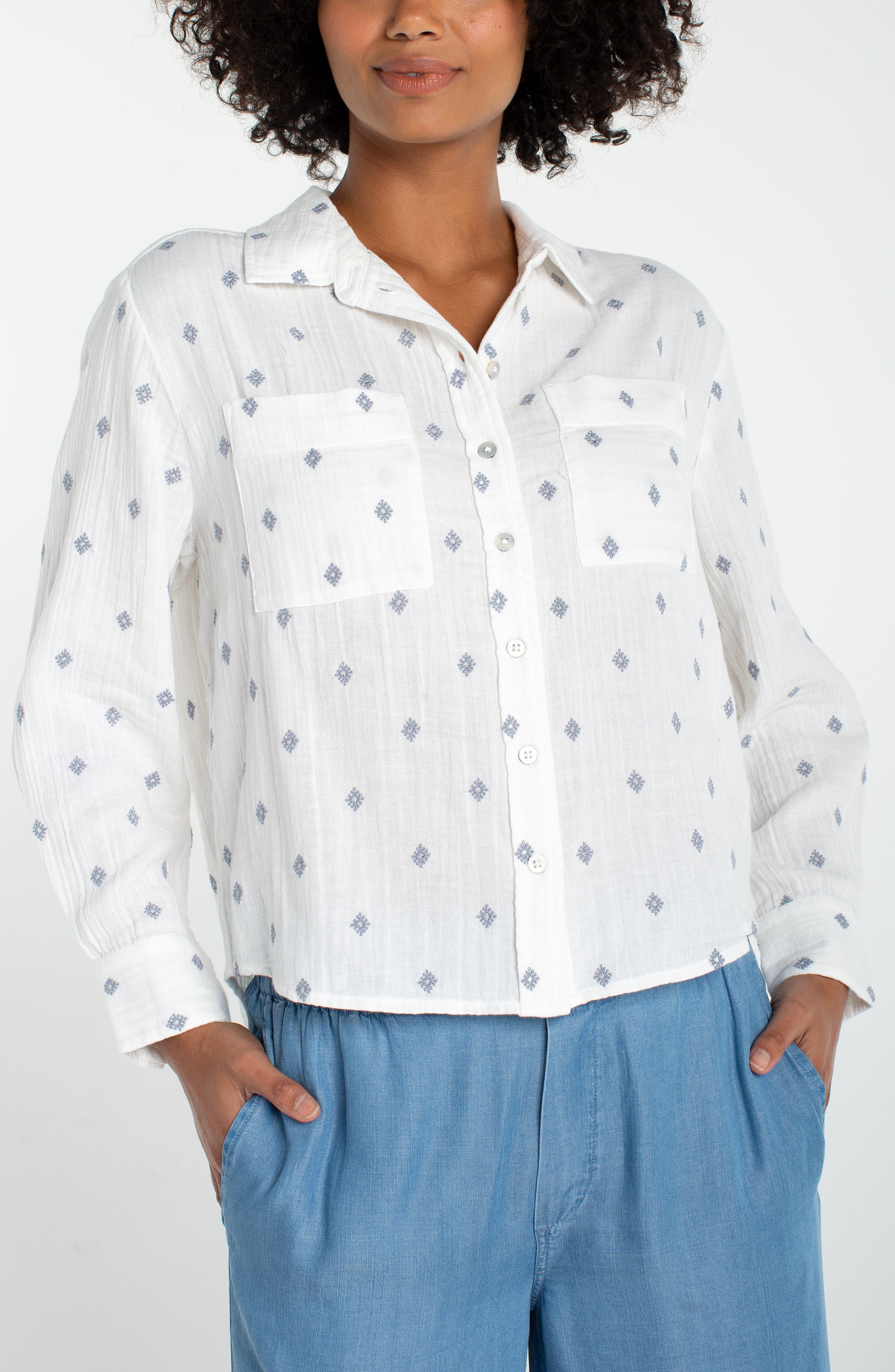 Liverpool Long Sleeve Button Front Shirt with High-Low Hem
