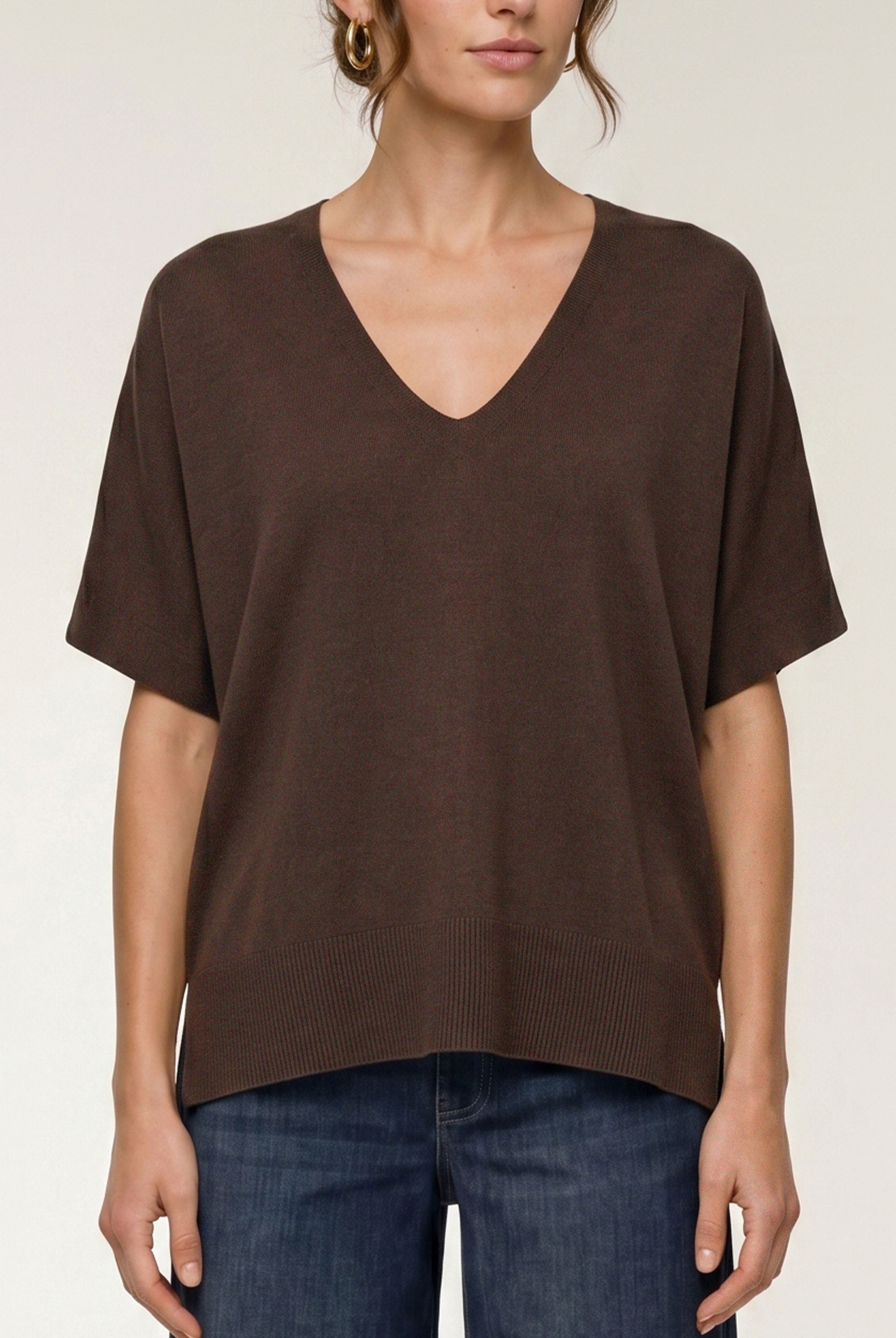 Liverpool Short Sleeve V-Neck Dolman Popover Sweater in Java