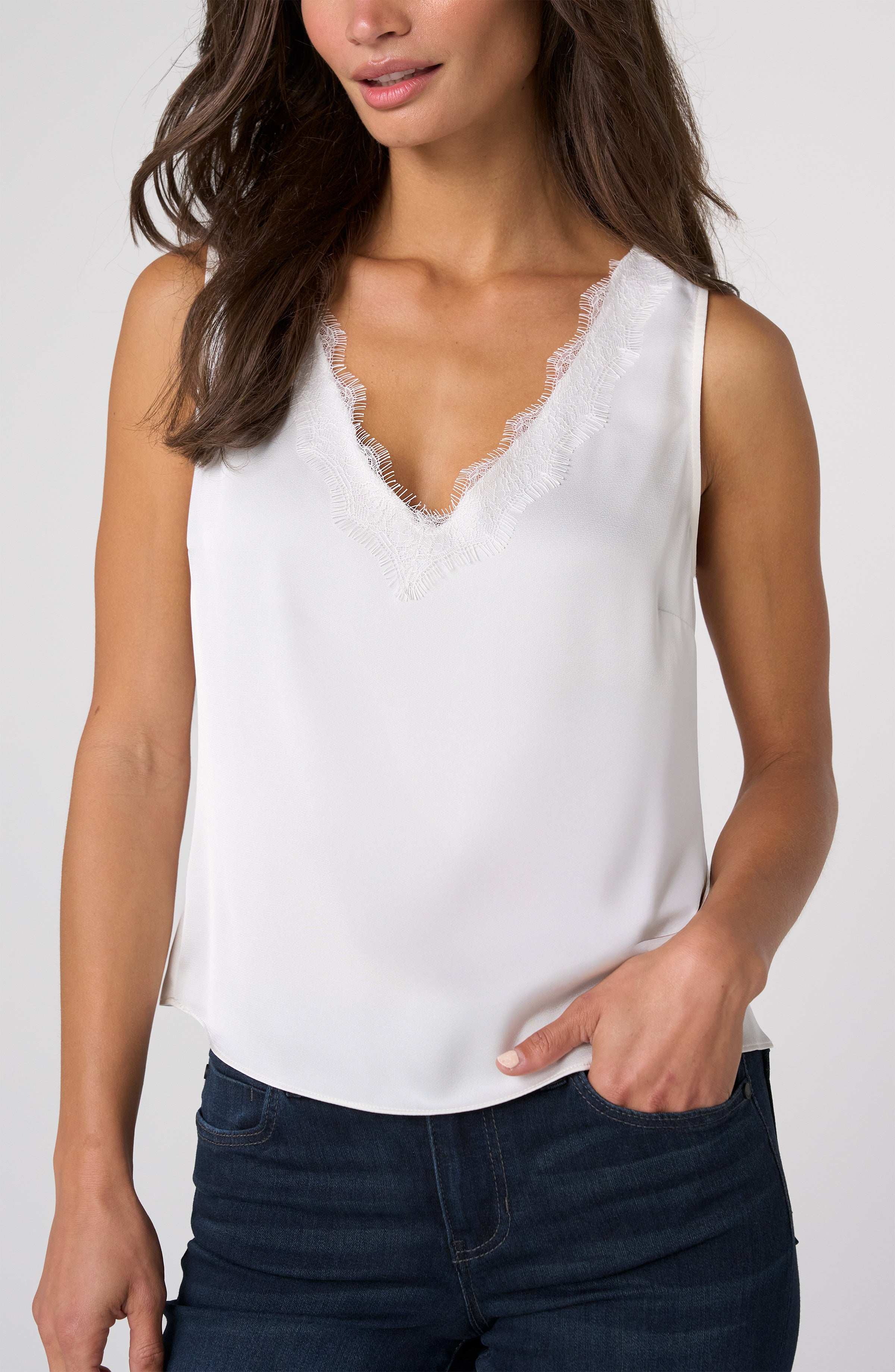 Liverpool V-Neck Woven Tank in Whipped Cream