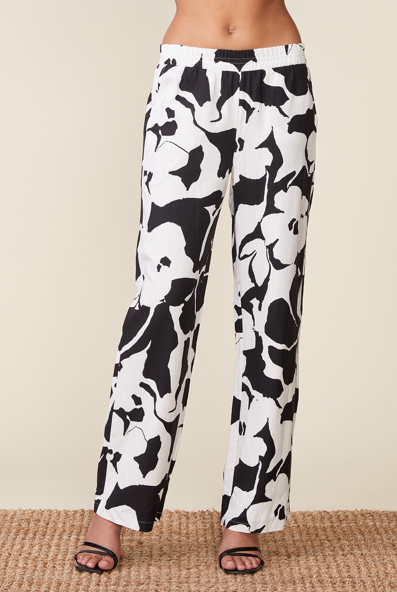 Floral Linen-Blend Pull-On Pants in Black/White