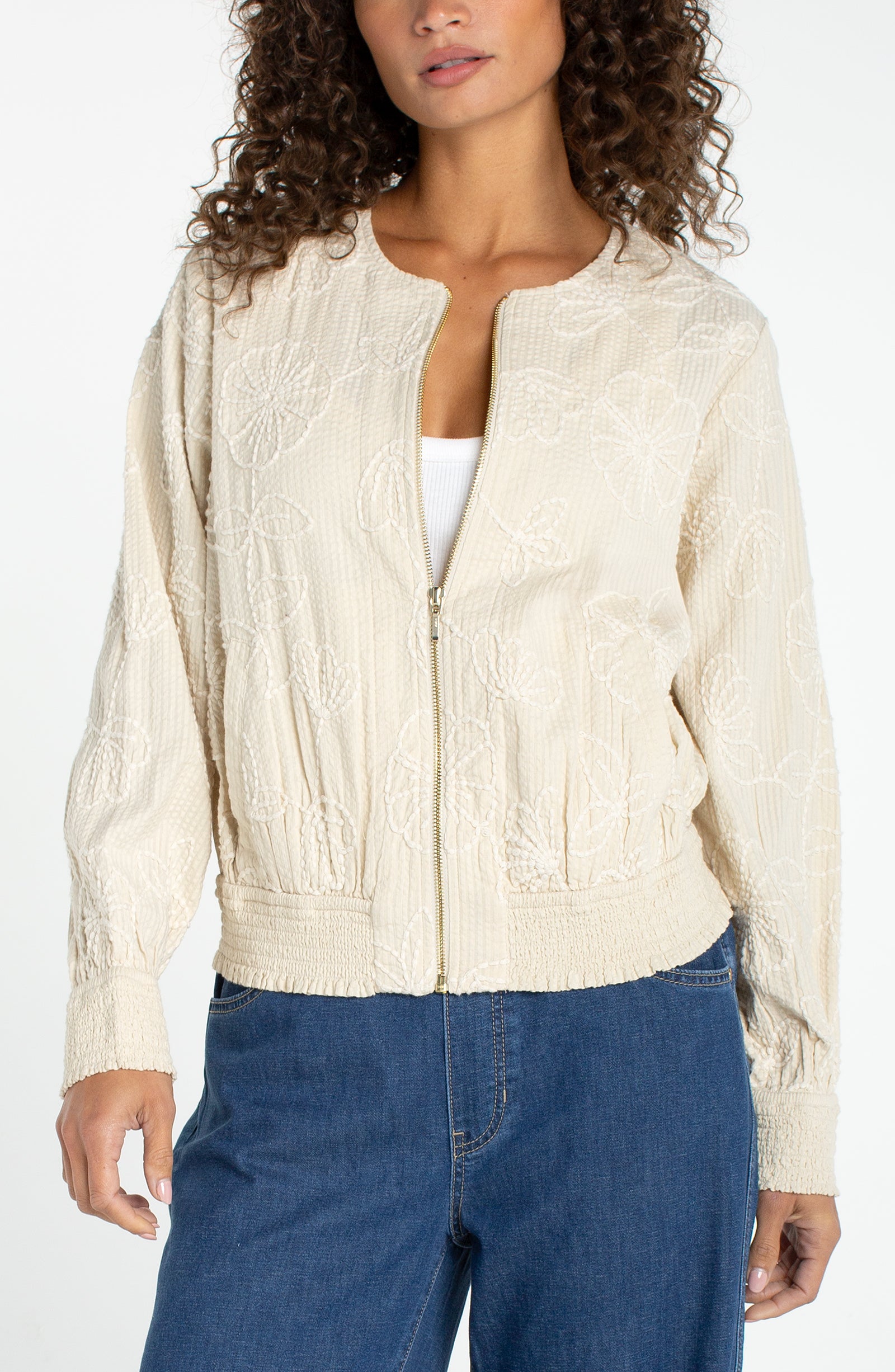 Liverpool long sleeve off-white collarless zip up jacket with smocking and floral embroidery