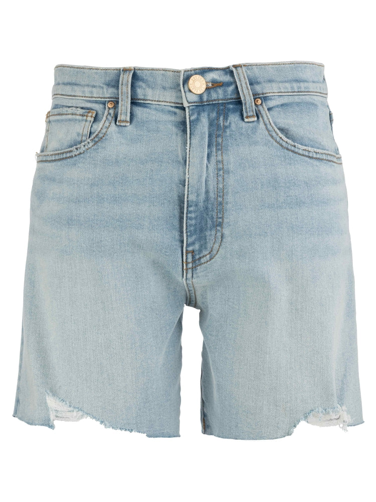 Light blue denim shorts with raw hem