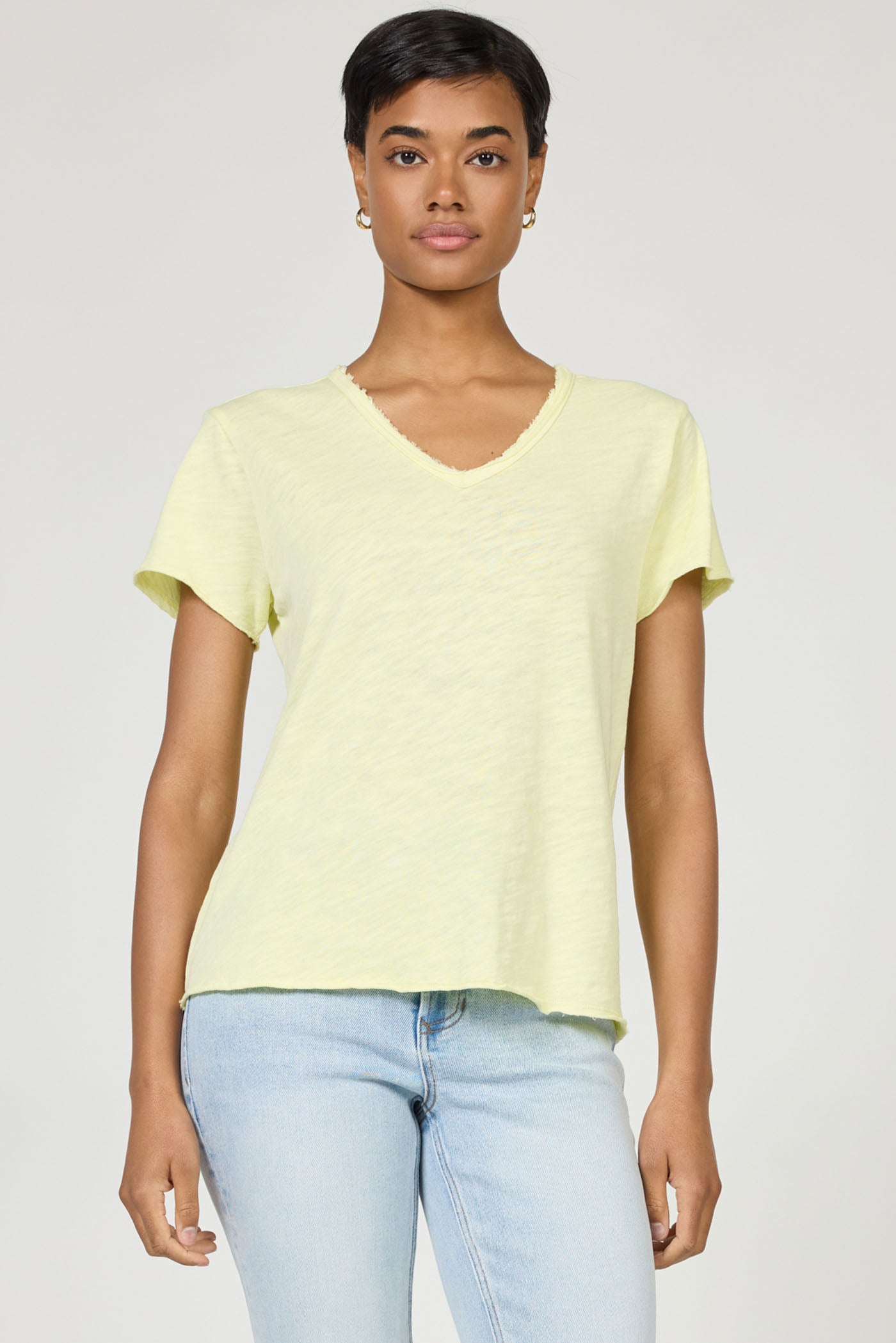 pale yellow v-neck short sleeve top