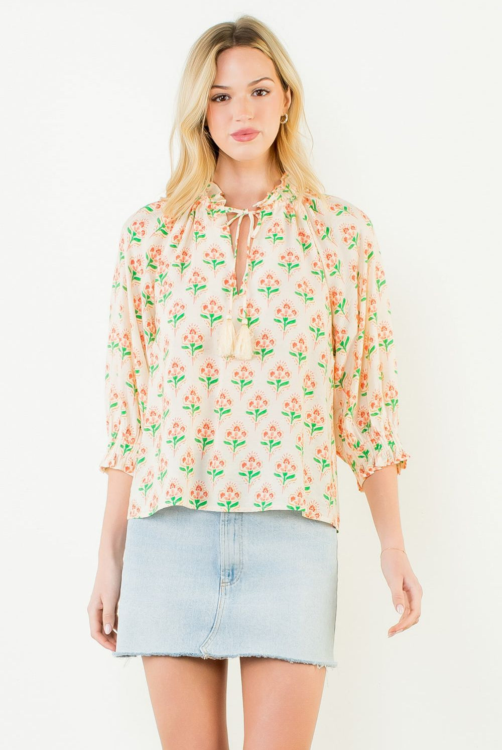 Orange Tie Neck Floral Blouse