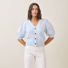 V-neck Short Sleeve Blue Cardigan
