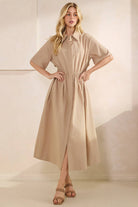 taupe short sleeve poplin collared maxi dress with ruched waist
