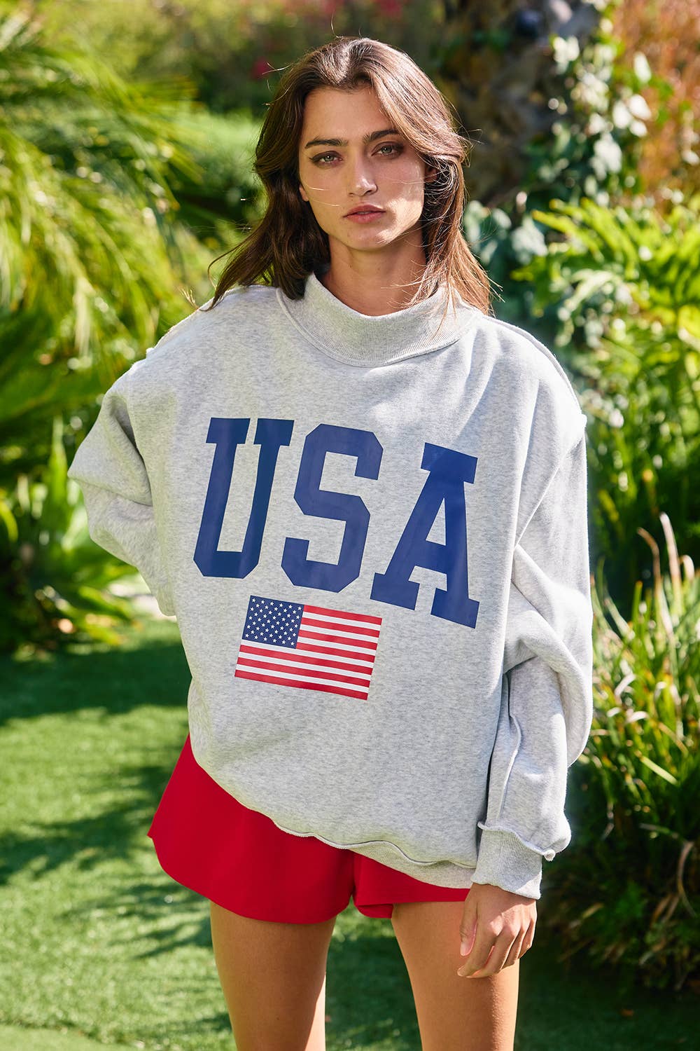 Grey Mock Neck Sweatshirt with Blue Graphic USA and flag