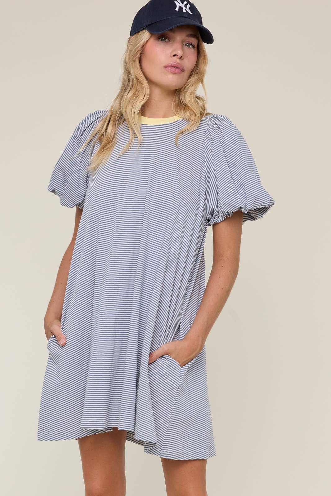 blue and white striped puff sleeve mini dress with pockets and yellow collar