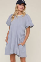 blue and white striped puff sleeve mini dress with pockets and yellow collar