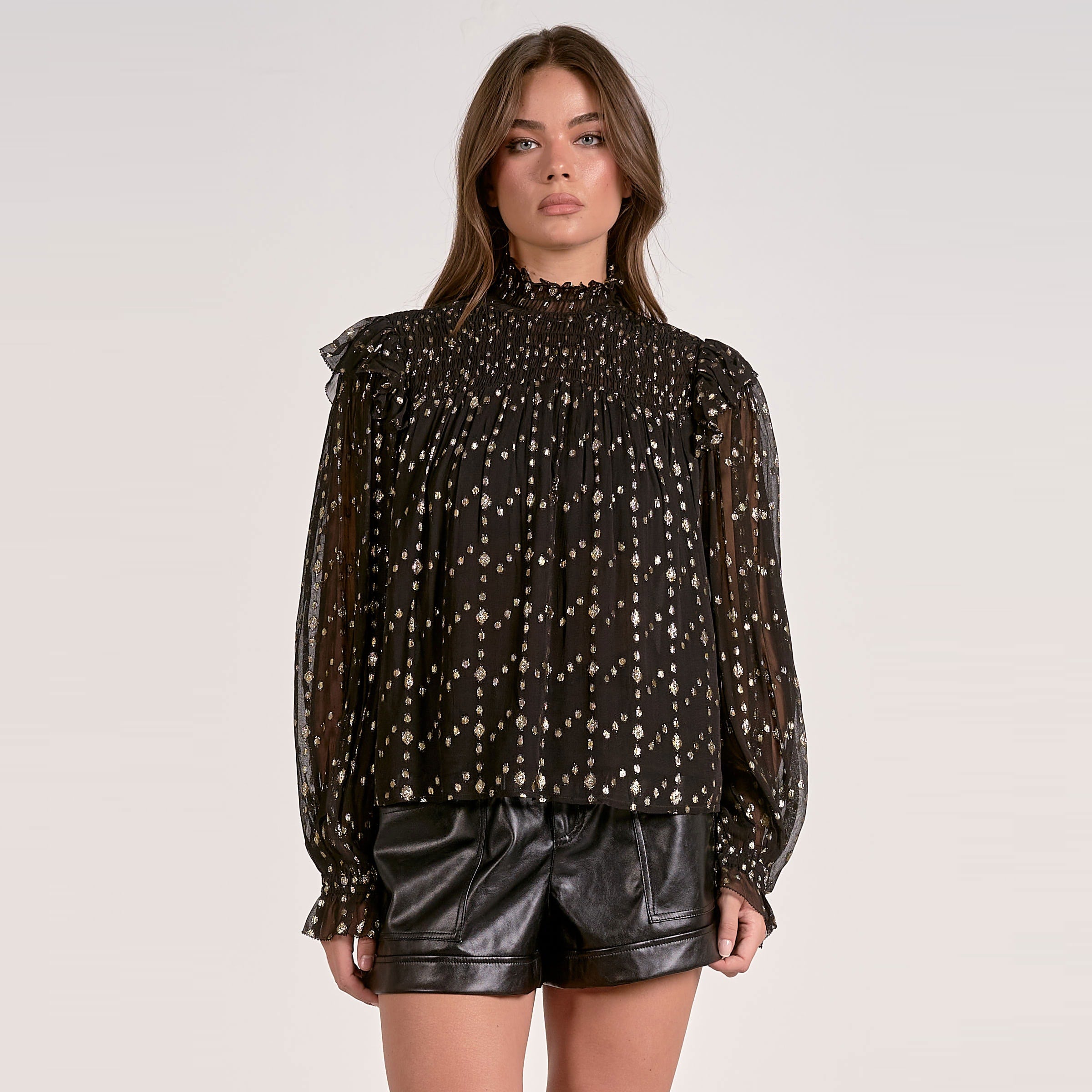 Black Elan Novelty Top with Geo Print