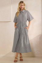 striped collared short sleeve poplin maxi dress with ruched waist