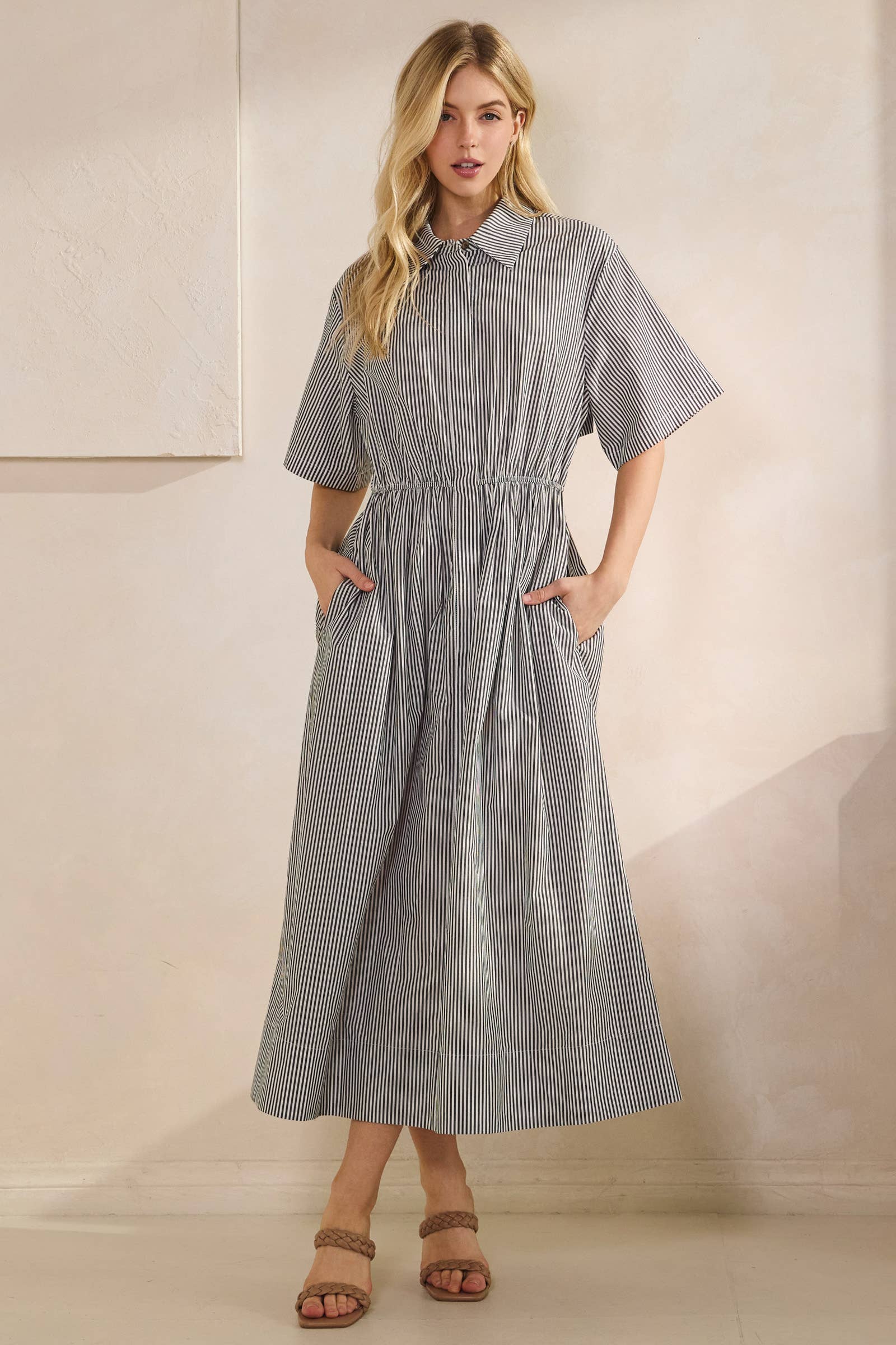 striped collared short sleeve poplin maxi dress with ruched waist