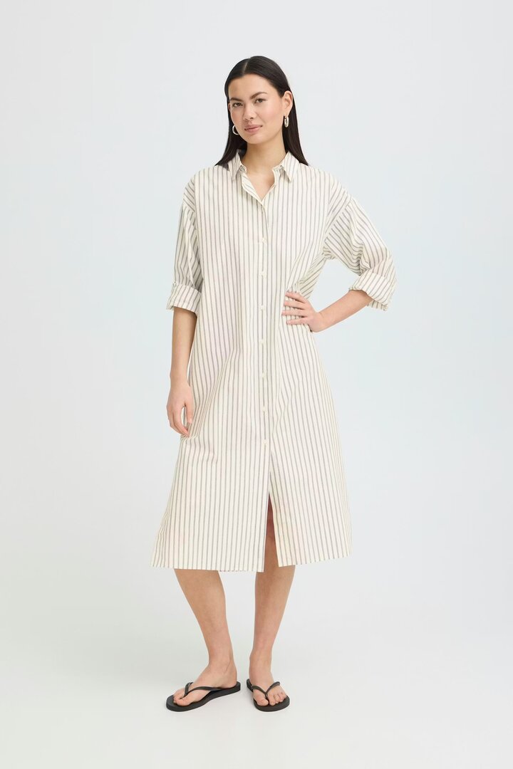 ICHI Jule Button Front Dress in Cloud/Blue Stripes