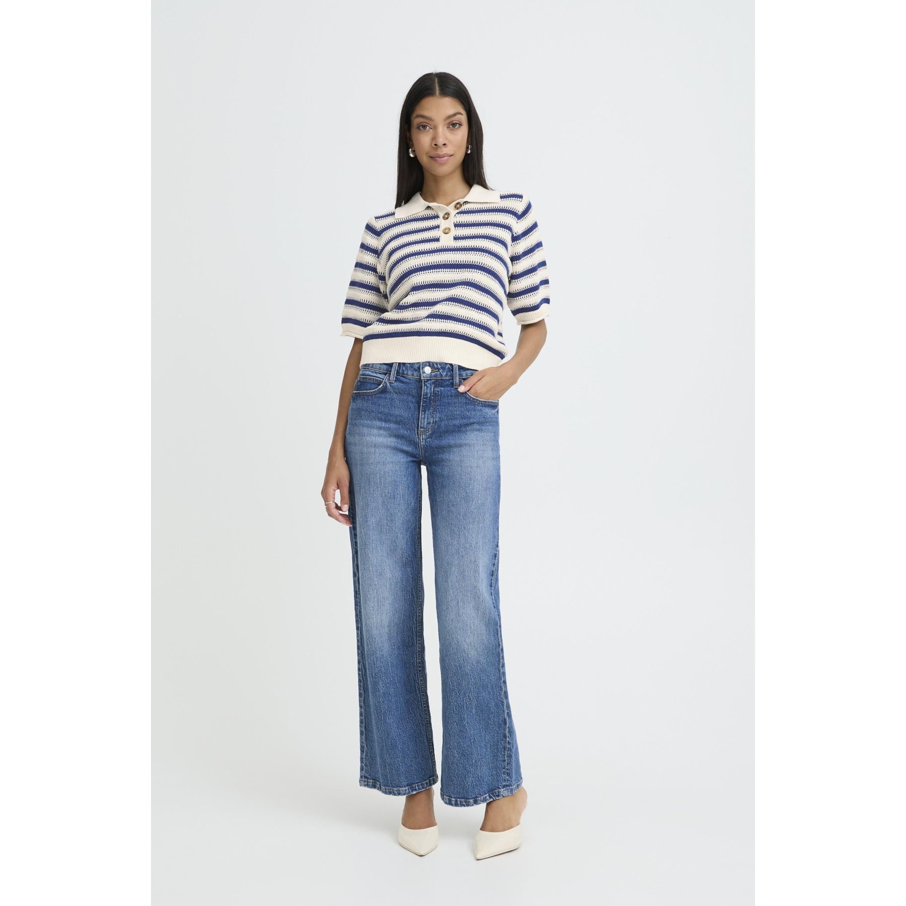 b.young striped short sleeve sweater with Polo collar